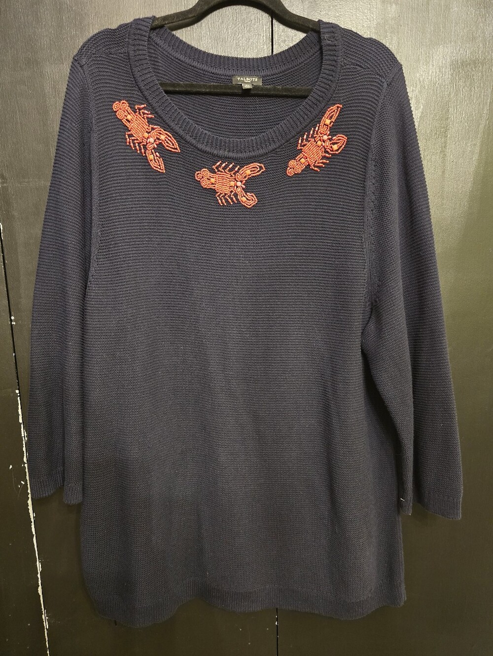 Talbots Navy Scoop Neck Sweater with Red Beaded Lobsters Size 3x